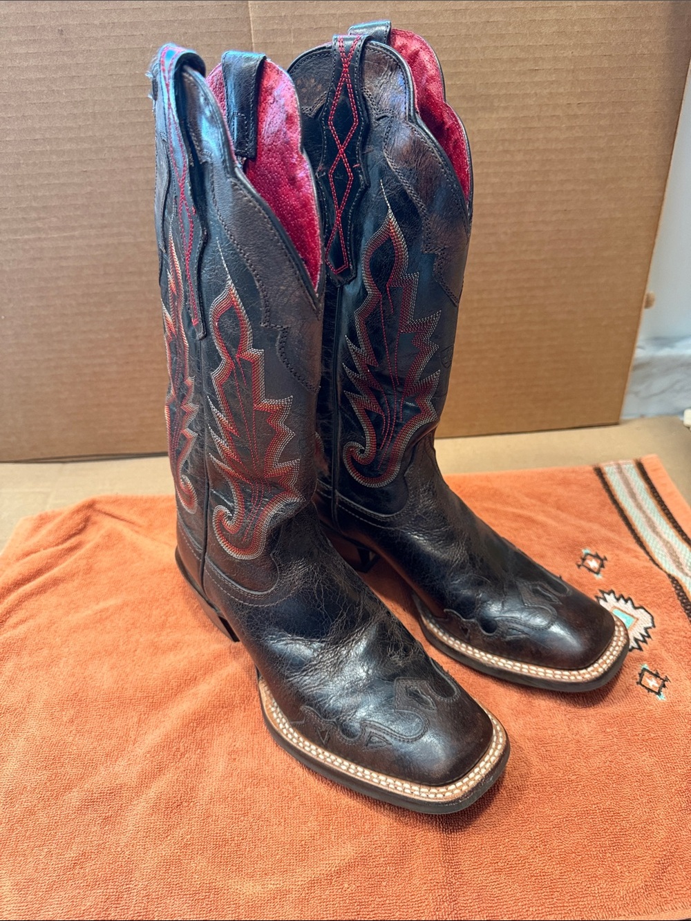 Ariat Dark Brown Leather Western Heeled Boots with Red Stitching